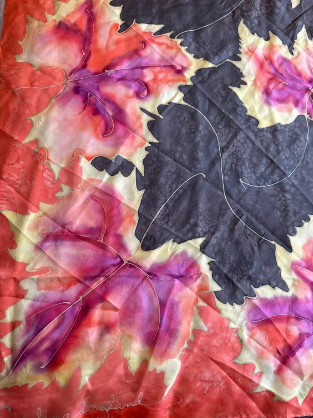 Vibrant Square Leaf Black Orange Pink Silk Scarf Spring Summer Fall